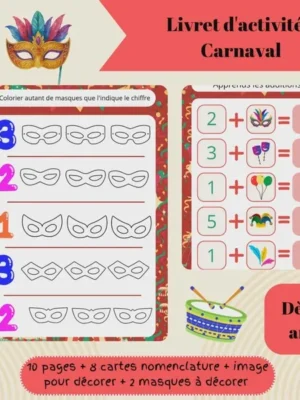 Livret d’activités carnaval enfant avec exercices de coloriage masques et additions dès 3 ans