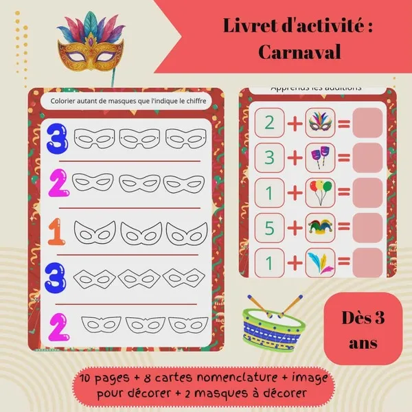 Livret d’activités carnaval enfant avec exercices de coloriage masques et additions dès 3 ans