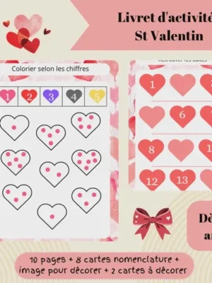 Aperçu des pages du livret d’activités Saint Valentin avec exercices de logique graphisme coloriage sudoku et jeux éducatifs pour enfants