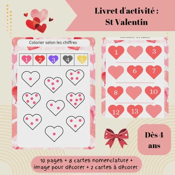 Aperçu des pages du livret d’activités Saint Valentin avec exercices de logique graphisme coloriage sudoku et jeux éducatifs pour enfants