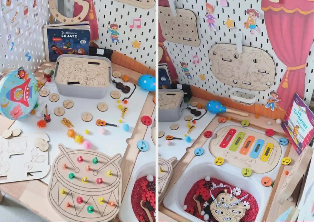 Table d’activités sensorielle thème musique avec supports pédagogiques en bois