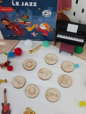 Jetons instruments de musique en bois pour activités sensorielles et éducatives