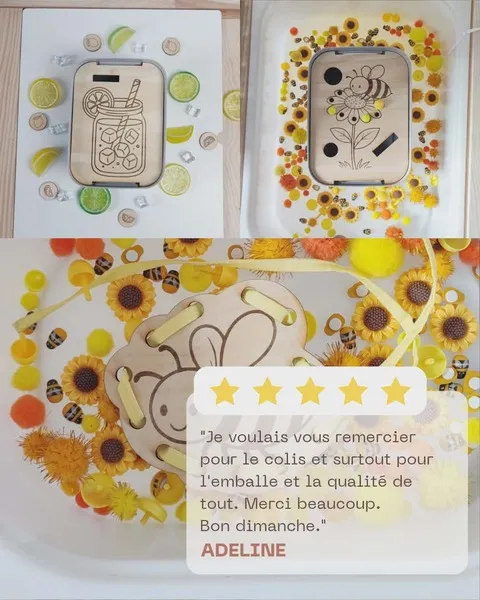Avis client jouets sensoriels bois thème abeille enfant<br />
