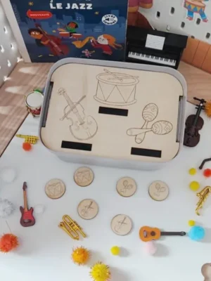 Jeu éducatif en bois thème musique avec jetons d’instruments à associer