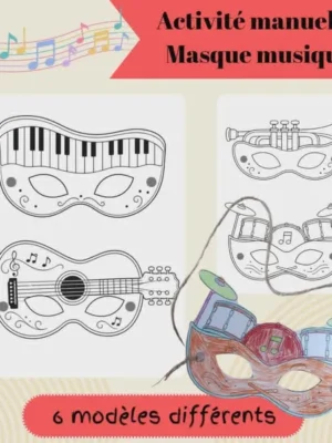 Affiche activité manuelle avec masques musique à colorier pour enfants