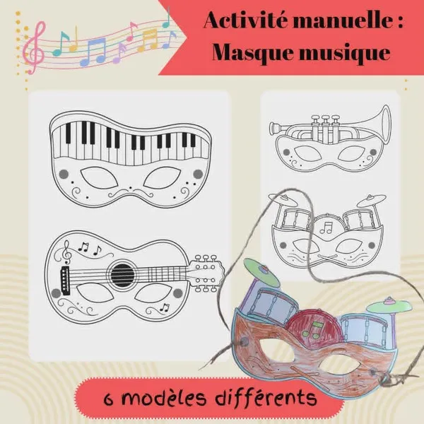Affiche activité manuelle avec masques musique à colorier pour enfants