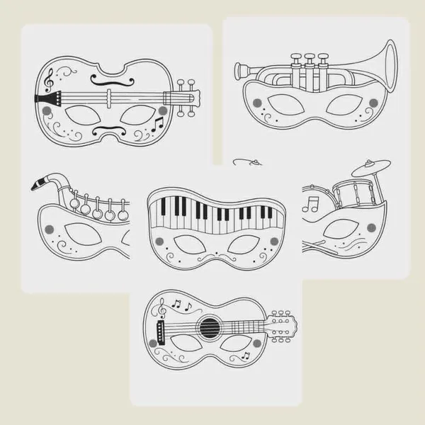 Collection de masques musique à colorier avec instruments et notes musicales