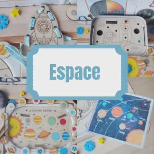 Collection Espace – Supports pédagogiques et activités de motricité fine Montage photo présentant plusieurs créations en bois sur le thème de l'espace : système solaire, fusée, astronautes, cartes à lacets et activités de motricité fine.