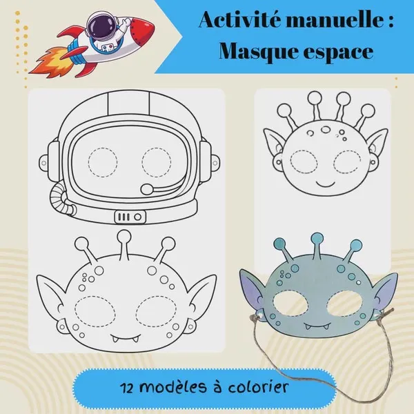 Masques astronaute et extraterrestres à imprimer, colorier et découper pour une activité manuelle sur le thème de l'espace.