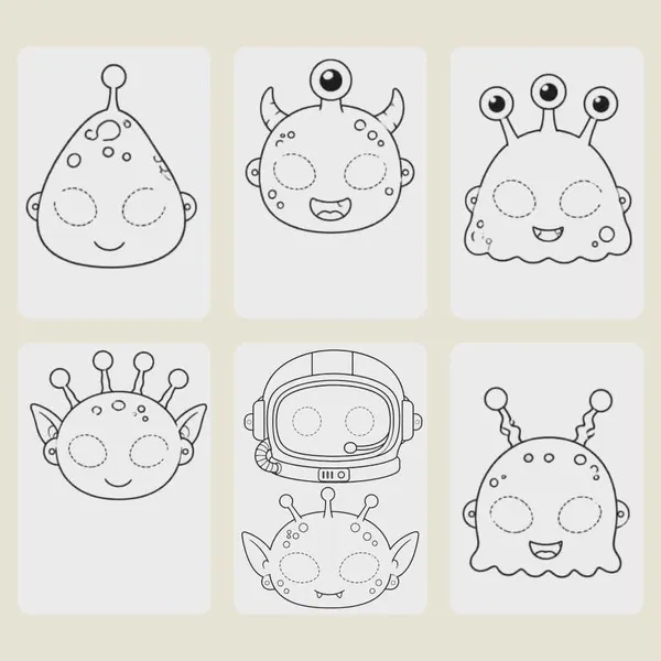 Planche de masques à colorier comprenant plusieurs extraterrestres et un casque d'astronaute à imprimer pour une activité sur le thème de l'espace.
