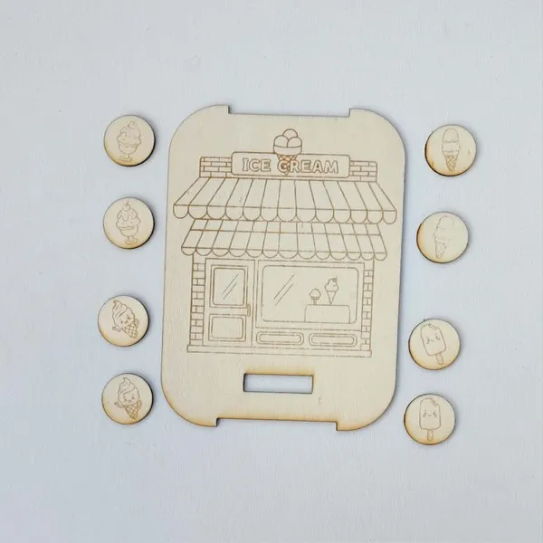 Insert Livv 2L représentant une boutique de glaces avec jetons illustrés de cornets, coupes glacées et esquimaux.