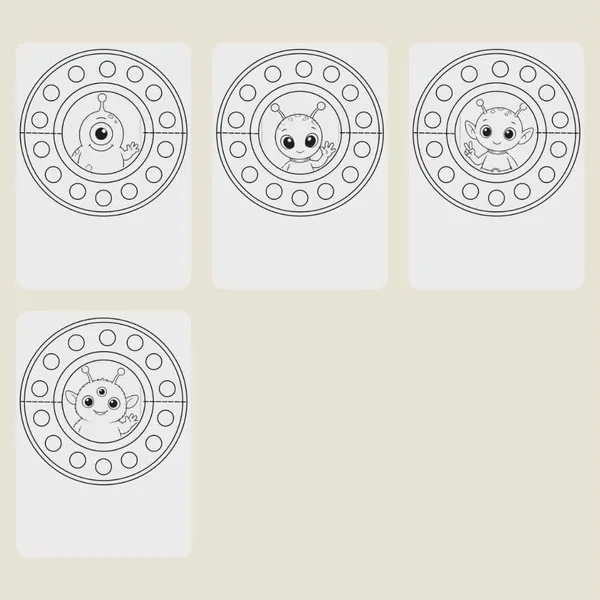 Exercices créatifs avec des extraterrestres observés à travers des hublots de vaisseaux spatiaux à colorier et découper.