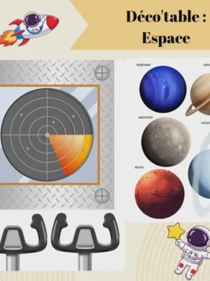 Planche PDF de décoration de table sur le thème de l'espace comprenant un radar, des planètes, des poignées de pilotage et des astronautes.