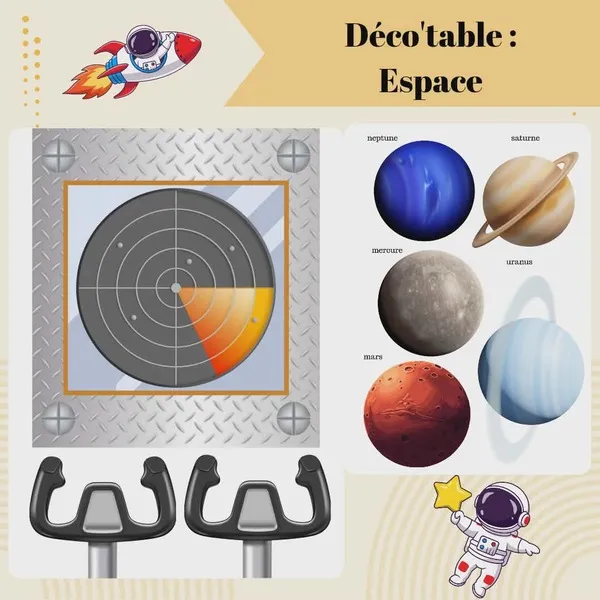 Planche PDF de décoration de table sur le thème de l'espace comprenant un radar, des planètes, des poignées de pilotage et des astronautes.