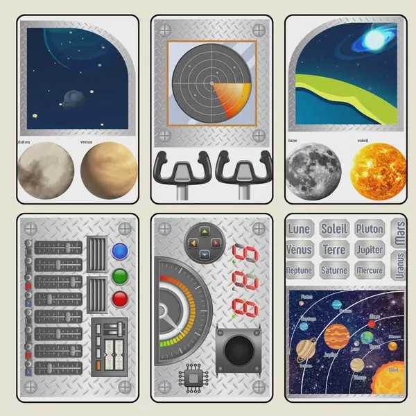 Planche PDF déco'table espace comprenant fenêtres spatiales, radar, commandes de cockpit, système solaire, planètes et éléments de fusée à imprimer.