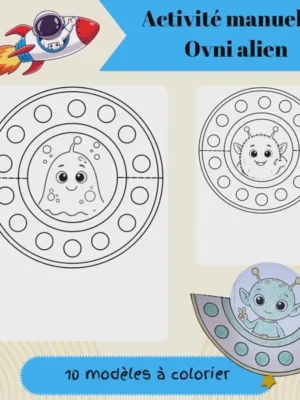 OVNI avec extraterrestres à colorier, découper et assembler pour une activité manuelle sur le thème de l'espace.
