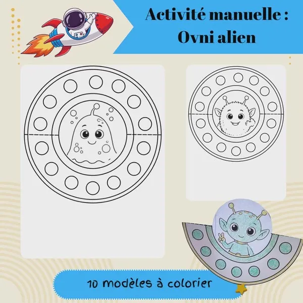 OVNI avec extraterrestres à colorier, découper et assembler pour une activité manuelle sur le thème de l'espace.