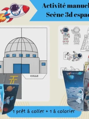 Scènes 3D sur le thème de l'espace à imprimer, découper, plier et assembler avec astronautes, fusées et paysages spatiaux.