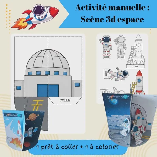 Scènes 3D sur le thème de l'espace à imprimer, découper, plier et assembler avec astronautes, fusées et paysages spatiaux.