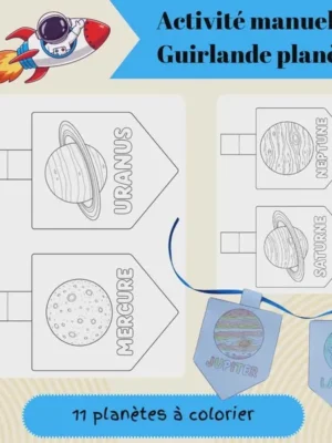 Guirlande des planètes à imprimer et colorier avec les noms des planètes du système solaire pour activité manuelle sur le thème de l'espace.