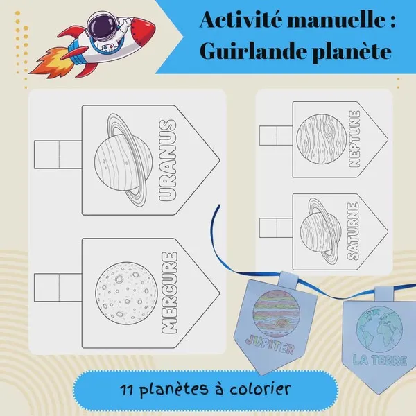 Guirlande des planètes à imprimer et colorier avec les noms des planètes du système solaire pour activité manuelle sur le thème de l'espace.