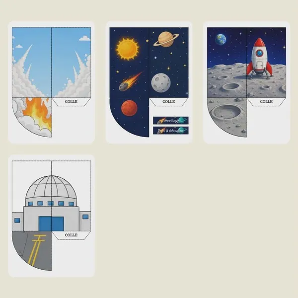 Décors spatiaux en couleur à découper et assembler pour créer des scènes 3D avec fusée, station spatiale, planète et paysage lunaire.