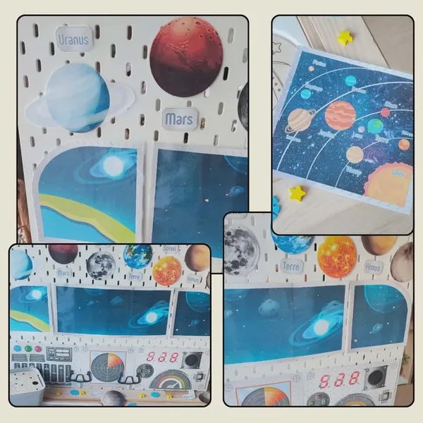 Décor mural imprimable sur le thème de l'espace avec planètes du système solaire, hublots spatiaux, tableau de bord de fusée et affiche éducative.