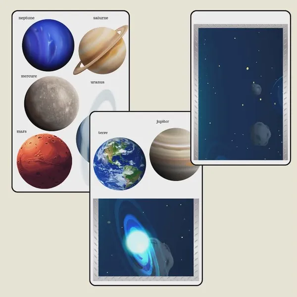 Pages PDF à imprimer comprenant des planètes du système solaire, des décors de hublots spatiaux et des éléments de décoration sur le thème de l'espace.