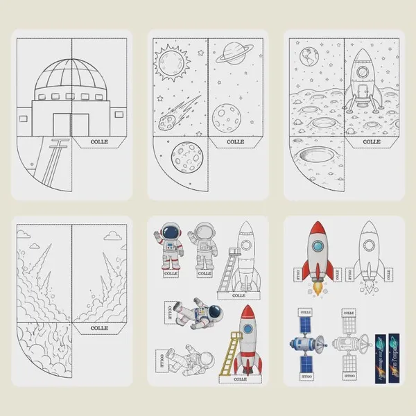 Pages d'activité manuelle sur le thème de l'espace avec décor 3D, fusées, astronautes et paysages spatiaux à colorier, découper et assembler.