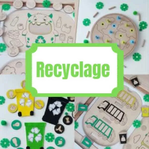 Collection Recyclage – Activités et supports pédagogiques Montage photo présentant une collection de supports pédagogiques sur le thème du recyclage : jeux de tri, activités de motricité fine, plateaux, inserts et cartes à lacer.