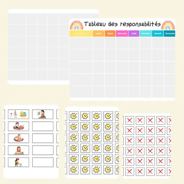 Aperçu du contenu d'un tableau des responsabilités à imprimer sur le thème de l'arc-en-ciel, comprenant deux tableaux hebdomadaires, des étiquettes de tâches et des pastilles « fait » et « non fait ».