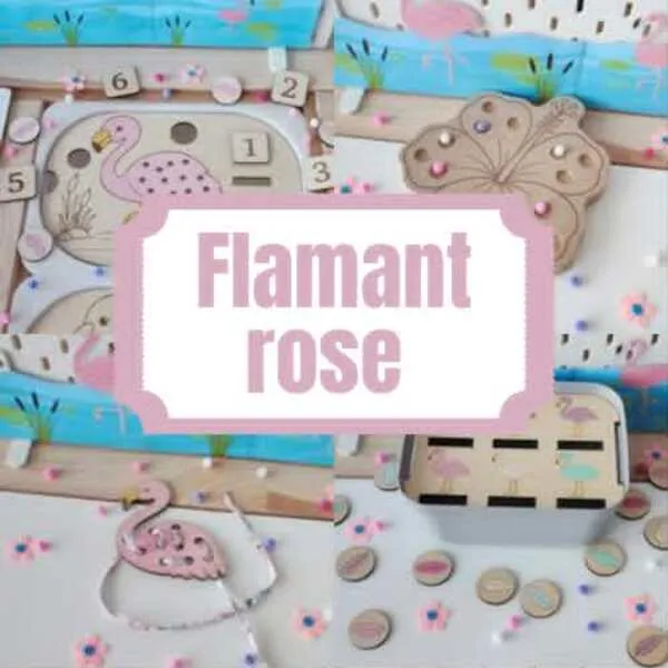 Collection Flamant rose – Activités éducatives et sensorielles Image de présentation de la collection Flamant rose regroupant plusieurs supports éducatifs en bois : inserts Trofast, plateau de motricité, carte à lacer et boîte sensorielle.