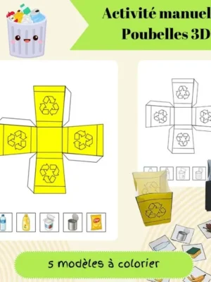 Aperçu d'une activité manuelle PDF de recyclage proposant 5 modèles de poubelles 3D à découper, colorier et assembler. Les enfants apprennent à trier les déchets dans les bonnes poubelles de recyclage grâce à des cartes illustrées représentant le plastique, le verre, le papier, les biodéchets et les déchets ménagers. Activité éducative idéale pour la maternelle, les assistantes maternelles, les MAM, les crèches et les écoles.