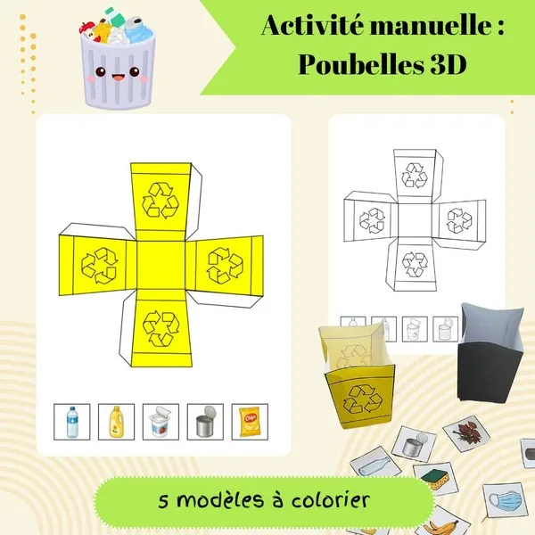 Aperçu d'une activité manuelle PDF de recyclage proposant 5 modèles de poubelles 3D à découper, colorier et assembler. Les enfants apprennent à trier les déchets dans les bonnes poubelles de recyclage grâce à des cartes illustrées représentant le plastique, le verre, le papier, les biodéchets et les déchets ménagers. Activité éducative idéale pour la maternelle, les assistantes maternelles, les MAM, les crèches et les écoles.