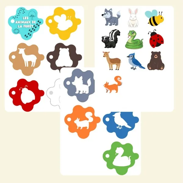 Pages intérieures du carnet des couleurs « Les animaux de la forêt » avec des animaux colorés et des étiquettes de couleurs à associer.