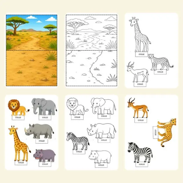 Aperçu d'un fichier PDF d'activités manuelles sur le thème de la savane comprenant un décor à assembler, des animaux à découper et coller, ainsi qu'un paysage à colorier.
