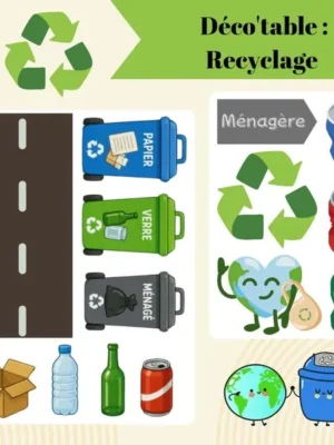 Affiche de présentation du fichier PDF Déco'table « Recyclage » avec des éléments à découper : route, poubelles de tri, logo du recyclage, déchets, panneaux et illustrations sur le thème du recyclage.