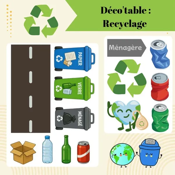 Affiche de présentation du fichier PDF Déco'table « Recyclage » avec des éléments à découper : route, poubelles de tri, logo du recyclage, déchets, panneaux et illustrations sur le thème du recyclage.