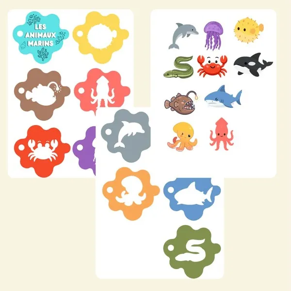 Pages intérieures du carnet des couleurs « Les animaux marins » avec des animaux de la mer colorés et des étiquettes de couleurs à associer.