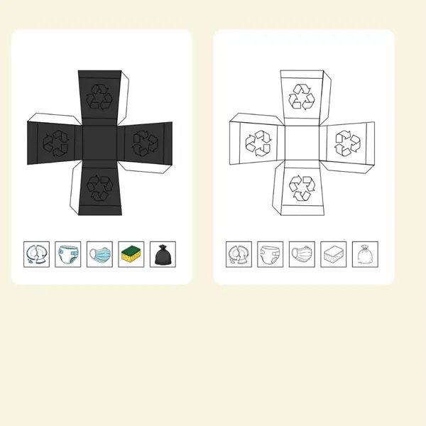 Modèle PDF d'une poubelle 3D pour les déchets ménagers à imprimer, colorier, découper et assembler. Cette activité manuelle comprend deux versions, une en couleur et une à colorier, ainsi que des cartes illustrées représentant des déchets non recyclables comme une couche, un masque, une éponge, de la vaisselle cassée et un sac poubelle. Support pédagogique idéal pour apprendre aux enfants le tri des déchets ménagers en maternelle, en crèche, en MAM ou chez une assistante maternelle.