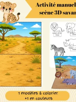 Couverture d'une activité manuelle PDF proposant une scène 3D de la savane à découper, colorier et assembler avec des animaux d'Afrique.