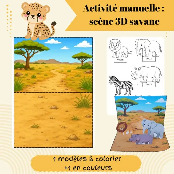 Couverture d'une activité manuelle PDF proposant une scène 3D de la savane à découper, colorier et assembler avec des animaux d'Afrique.