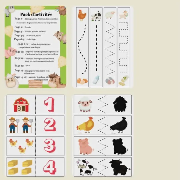 Aperçu de plusieurs activités du pack La ferme avec graphisme, numération, association d'ombres et jeux éducatifs à imprimer dès 3 ans.