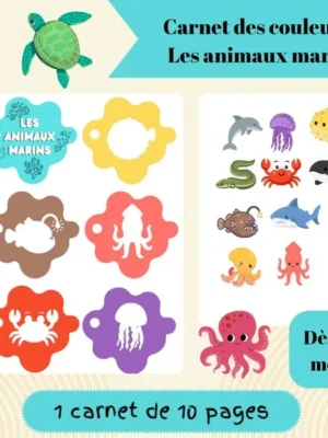 Couverture d'un carnet des couleurs sur le thème des animaux marins avec différents animaux de la mer à associer à leur couleur.