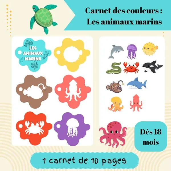 Couverture d'un carnet des couleurs sur le thème des animaux marins avec différents animaux de la mer à associer à leur couleur.