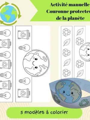 Fichier PDF d'une activité manuelle permettant de fabriquer une couronne sur le thème du recyclage et de la protection de la planète avec 5 modèles à colorier.