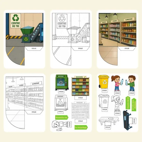 Aperçu des pages du fichier PDF « Cycle de vie du recyclage » montrant les scènes en couleur et à colorier, ainsi que les éléments à découper pour reconstituer les différentes étapes du recyclage.