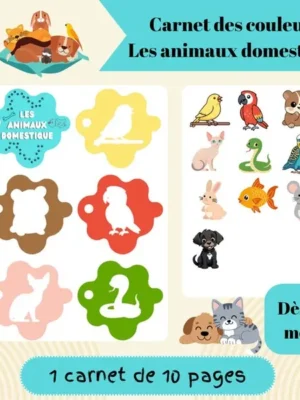 Page de présentation du carnet des couleurs « Les animaux domestiques » montrant des silhouettes colorées à associer avec des illustrations d'animaux domestiques.