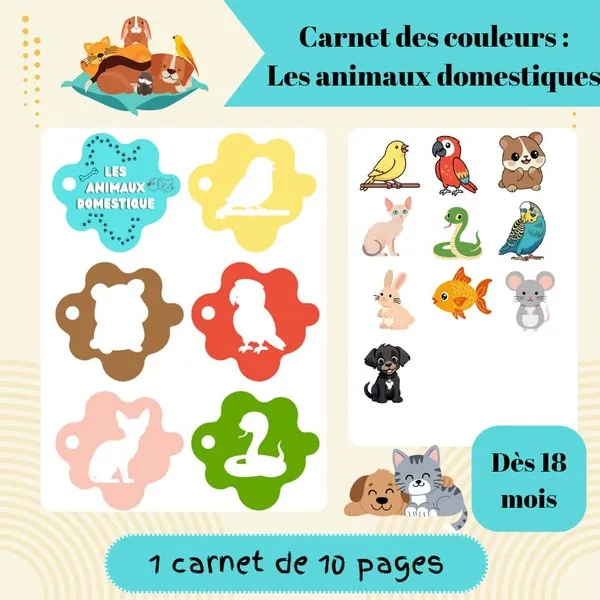 Page de présentation du carnet des couleurs « Les animaux domestiques » montrant des silhouettes colorées à associer avec des illustrations d'animaux domestiques.