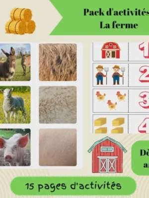 Pack de 15 activités à imprimer sur le thème de la ferme avec jeux de numération, association, observation et découverte des animaux dès 3 ans.